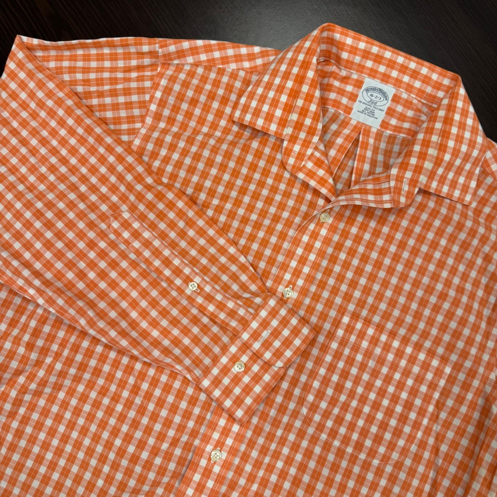 Brooks Brothers 346 Orange Gingham‎ Check Slim Fit Non-Iron Cotton Shirt